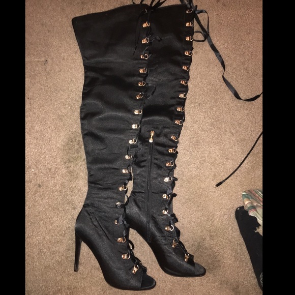 black satin thigh high boots